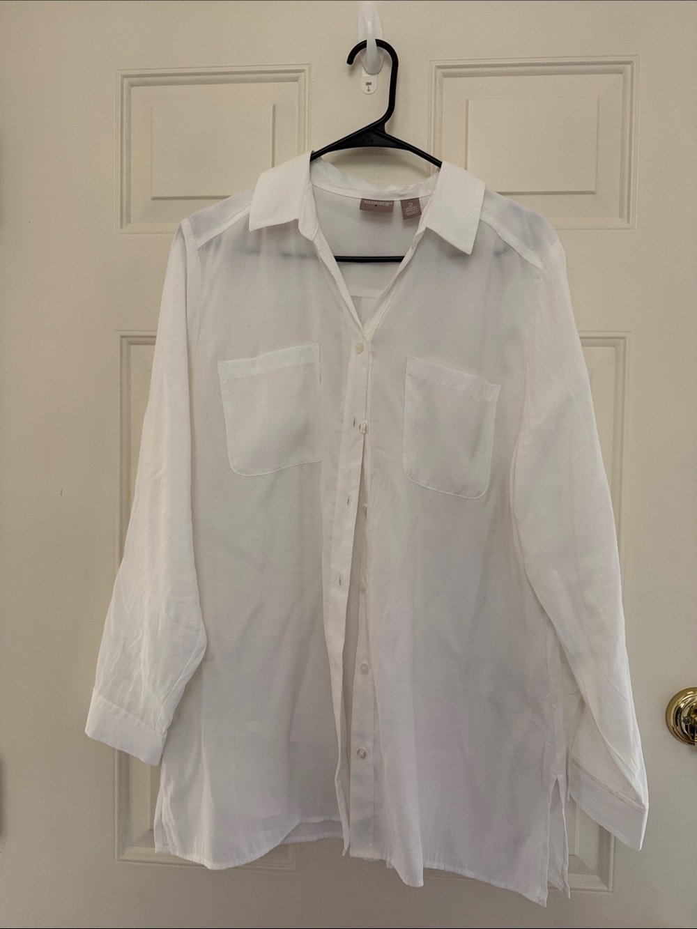 Chico’s Blouse, creamy white, front pockets with side slits, size 2